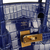 Pre-owned Hermes Birkin 30 Bleu Electric Shiny Porosus Crocodile Gold Hardware