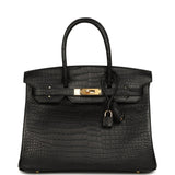 Hermes Birkin 30 Black Matte Porosus Crocodile Gold Hardware