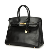 Vintage Hermes Birkin 35 Black Box Brushed Gold Hardware