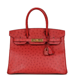 Pre-owned Hermes Birkin 30 Rouge Vif Ostrich Gold Hardware