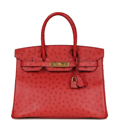 Pre-owned Hermes Birkin 30 Rouge Vif Ostrich Gold Hardware