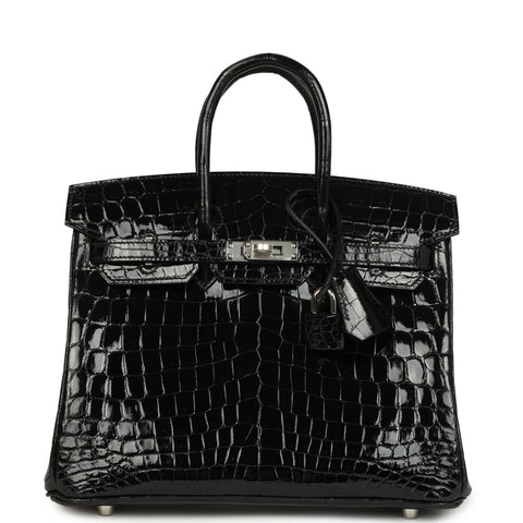 Hermes Birkin 25 Black Shiny Niloticus Crocodile Palladium Hardware