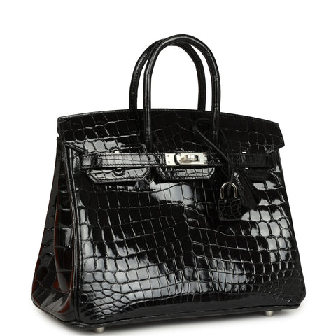 Hermes Birkin 25 Black Shiny Niloticus Crocodile Palladium Hardware