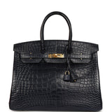 Hermes Birkin 35 Bleu Indigo Matte Alligator Gold Hardware