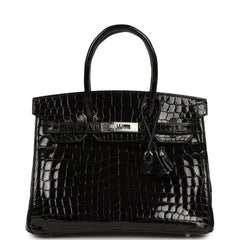Pre-owned Hermes Birkin 30 Black Shiny Crocodile Niloticus Palladium Hardware