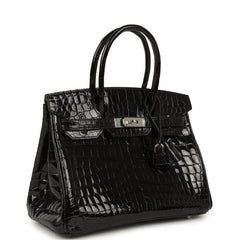 Pre-owned Hermes Birkin 30 Black Shiny Crocodile Niloticus Palladium Hardware