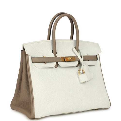Hermes Special Order (HSS) Birkin 25 White and Etoupe Clemence Brushed Gold Hardware