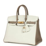 Hermes Special Order (HSS) Birkin 25 White and Etoupe Clemence Brushed Gold Hardware