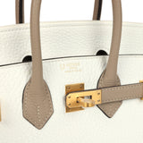 Hermes Special Order (HSS) Birkin 25 White and Etoupe Clemence Brushed Gold Hardware