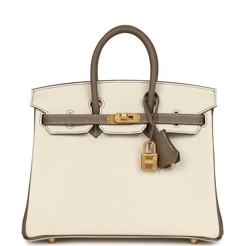 Hermes Special Order (HSS) Birkin 25 Nata and Etoupe Chevre Mysore Brushed Gold Hardware