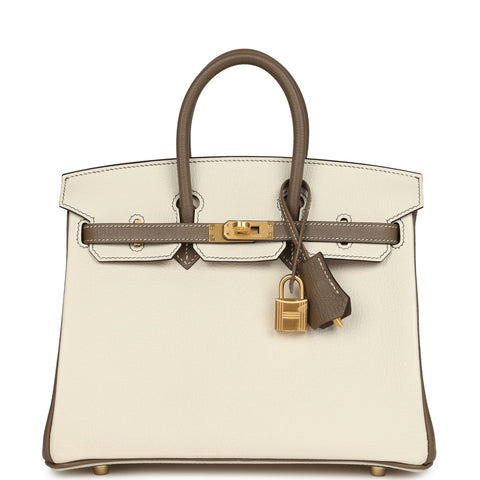 Hermes Special Order (HSS) Birkin 25 Nata and Etoupe Chevre Mysore Brushed Gold Hardware