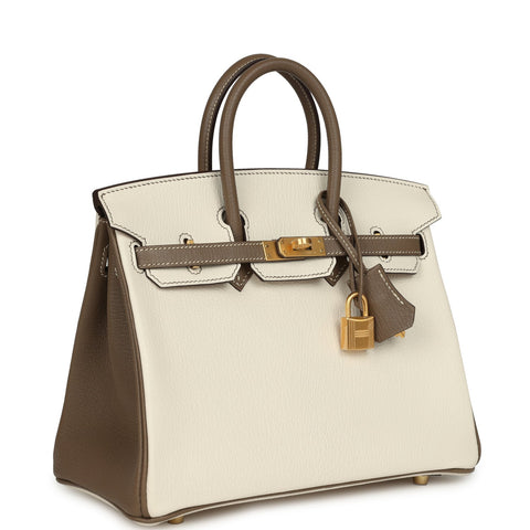 Hermes Special Order (HSS) Birkin 25 Nata and Etoupe Chevre Mysore Brushed Gold Hardware