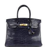 Pre-owned Hermes Birkin 30 Bleu Encre Shiny Porosus Crocodile Gold Hardware