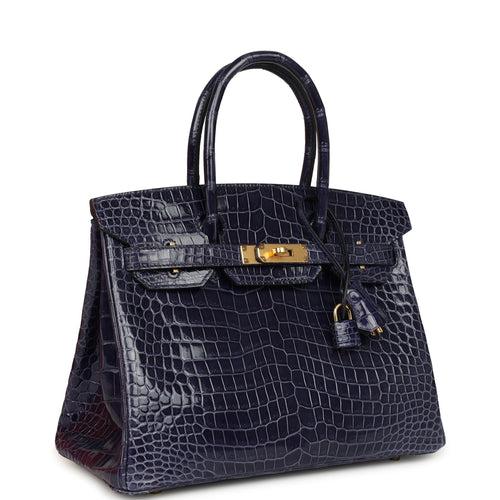 Pre-owned Hermes Birkin 30 Bleu Encre Shiny Porosus Crocodile Gold Hardware