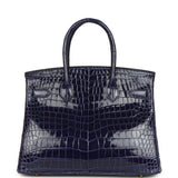 Pre-owned Hermes Birkin 30 Bleu Encre Shiny Porosus Crocodile Gold Hardware