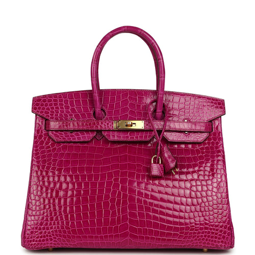 Pre-owned Hermes Birkin 35 Rose Scheherazade Shiny Porosus Crocodile Gold Hardware