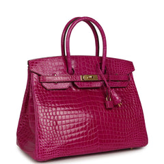 Pre-owned Hermes Birkin 35 Rose Scheherazade Shiny Porosus Crocodile Gold Hardware