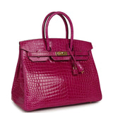 Pre-owned Hermes Birkin 35 Rose Scheherazade Shiny Porosus Crocodile Gold Hardware