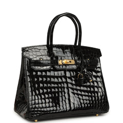 Hermes Birkin 30 Black Shiny Crocodile Niloticus Gold Hardware