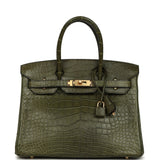 Vintage Hermes Birkin 30 Vert Olive Matte Alligator Gold Hardware