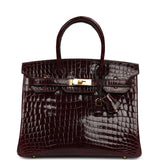Hermes Birkin 30 Bordeaux Shiny Niloticus Crocodile Gold Hardware
