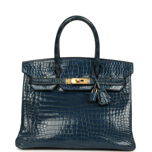 Vintage Hermes Birkin 30 Bleu Roi Shiny Porosus Crocodile Gold Hardware