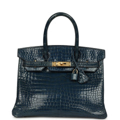 Vintage Hermes Birkin 30 Bleu Roi Shiny Porosus Crocodile Gold Hardware