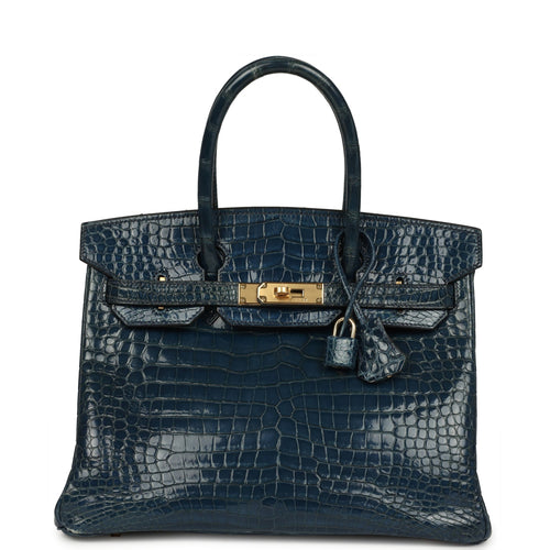 Vintage Hermes Birkin 30 Bleu Roi Shiny Porosus Crocodile Gold Hardware