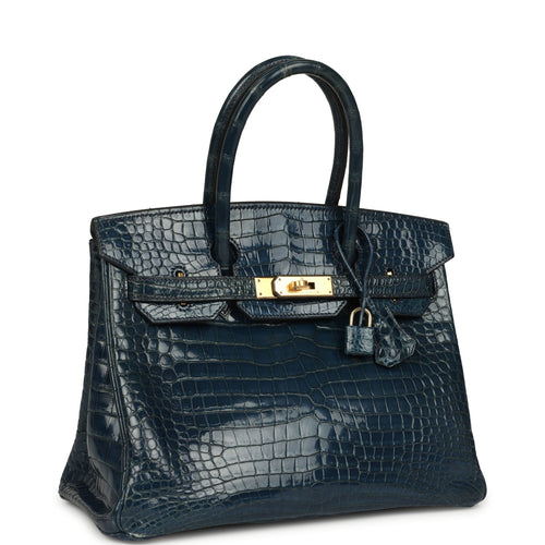Vintage Hermes Birkin 30 Bleu Roi Shiny Porosus Crocodile Gold Hardware