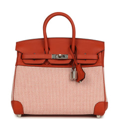 Pre-owned Hermes Quadrille Birkin 25 Brique Swift and Ecru-Mauve Pale and Brique Toile H Palladium Hardware