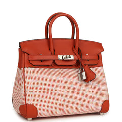 Pre-owned Hermes Quadrille Birkin 25 Brique Swift and Ecru-Mauve Pale and Brique Toile H Palladium Hardware