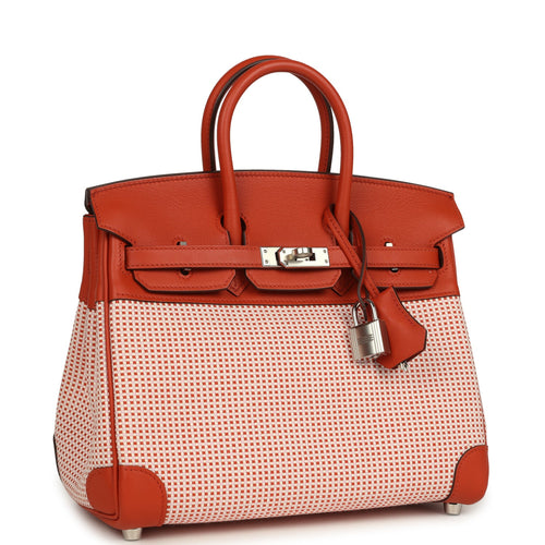 Pre-owned Hermes Quadrille Birkin 25 Brique Swift and Ecru-Mauve Pale and Brique Toile H Palladium Hardware