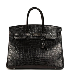 Pre-owned Hermes Birkin 35 Black Matte Porosus Crocodile Palladium Hardware