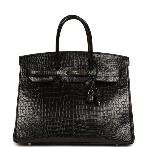 Pre-owned Hermes Birkin 35 Black Matte Porosus Crocodile Palladium Hardware