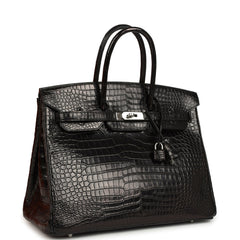 Pre-owned Hermes Birkin 35 Black Matte Porosus Crocodile Palladium Hardware