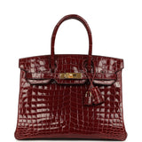 Pre-owned Hermes Birkin 30 Bourgogne Shiny Niloticus Crocodile Gold Hardware
