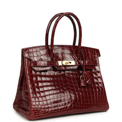 Pre-owned Hermes Birkin 30 Bourgogne Shiny Niloticus Crocodile Gold Hardware