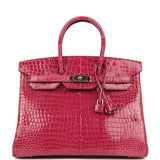 Pre-owned Hermes Birkin 35 Rose Tyrien Shiny Porosus Crocodile Palladium Hardware