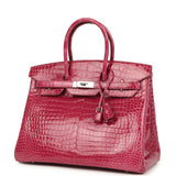 Pre-owned Hermes Birkin 35 Rose Tyrien Shiny Porosus Crocodile Palladium Hardware