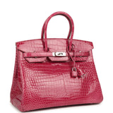 Pre-owned Hermes Birkin 35 Rose Tyrien Shiny Porosus Crocodile Palladium Hardware