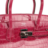 Pre-owned Hermes Birkin 35 Rose Tyrien Shiny Porosus Crocodile Palladium Hardware