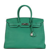Pre-owned Hermes Birkin 35 Vert Vertigo Verso Clemence Palladium Hardware