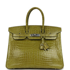 Pre-owned Hermes Birkin 35 Vert Anis Shiny Porosus Crocodile Palladium Hardware