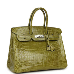 Pre-owned Hermes Birkin 35 Vert Anis Shiny Porosus Crocodile Palladium Hardware