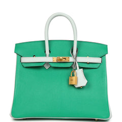 Hermes Special Order (HSS) Birkin 25 Bi-Color Menthe and Bleu Brume Chevre Mysore Brushed Gold