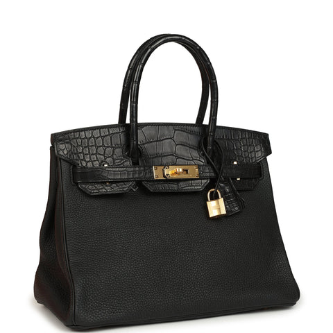 Hermes Birkin 30 Black Togo and Matte Alligator Touch Gold Hardware