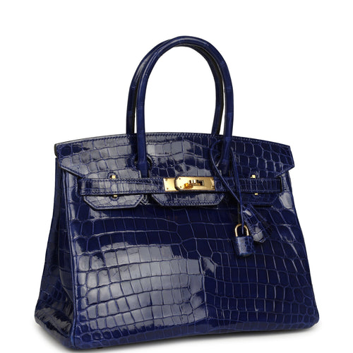 Pre-owned Hermes Birkin 30 Bleu Electric Shiny Niloticus Crocodile Gold Hardware