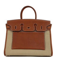 Hermes Birkin 35 A L'Envers Ficelle-Ecru H Dyed Canvas and Fauve Barenia Faubourg Palladium Hardware