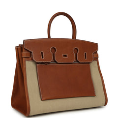 Hermes Birkin 35 A L'Envers Ficelle-Ecru H Dyed Canvas and Fauve Barenia Faubourg Palladium Hardware