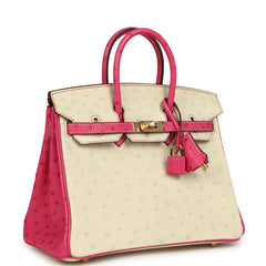 Hermes Special Order (HSS) Birkin 25 Rose Tyrien and Beton Ostrich Permabrass Hardware